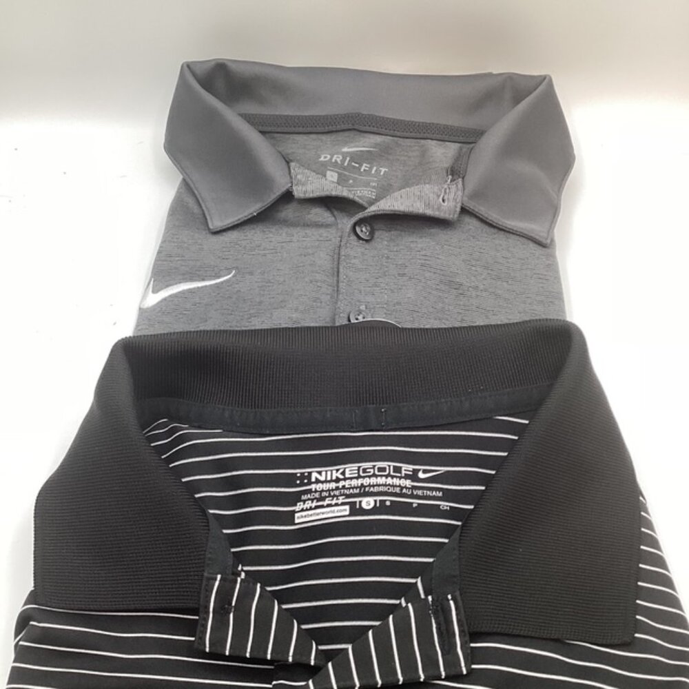 Two Nike Shirts Dry Fit Mens Small Black & White Stripe, Dark Gray Solid Vietnam